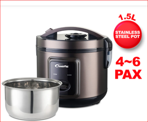 POWERPAC PPRC612 RICE COOKER W/SS INNER POT, 500W