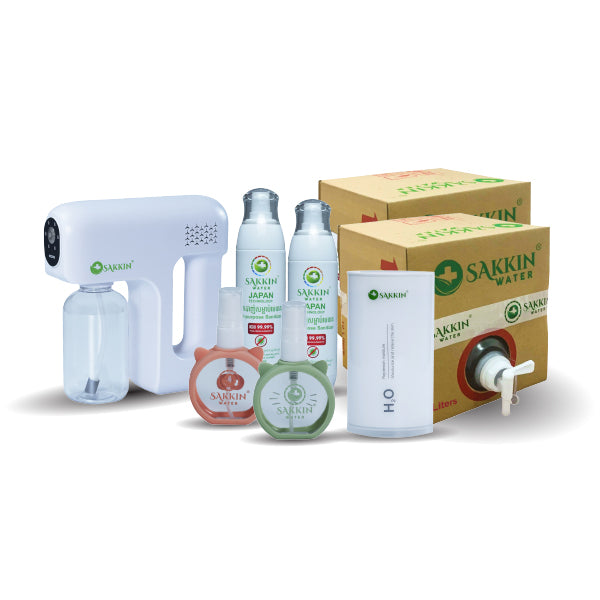 PACKAGE - WIRELESS NANO SPRAY GUN (X1) + MULTI-PURPOSE SURFACE DISINFECTANT REFILL 10L (X2) + ALL PURPOSE FOR KID 55ML (X2) + BOTTLE ALL-PURPOSE SANTIZER 100ML (X2) + DISINFECT CAR HUMIDIFIER 907 (X1) - Home-Fix Cambodia