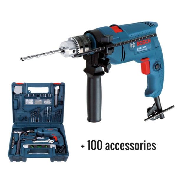 BOSCH GSB 1300/100PCS (ACCS...)<br>BOSCH GSB 1300 ឈុតម៉ូទ័រស្វានញាក់ (មានគ្រឿងជាង 100 មុខ) - Home-Fix Cambodia