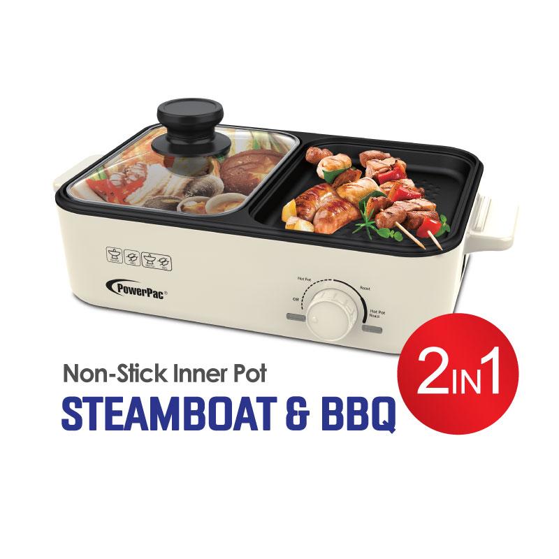 POWERPAC PPMC728 2 IN 1 STEAMBOAT BBQ PLATE, 1000W - Home-Fix Cambodia