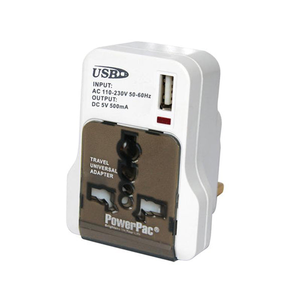 POWERPAC PTU13 TRAVEL ADAPTER W/USB CHARGER 1000MA<br>ឌុយតសម្រាប់ធ្វើដំណើរក្រៅប្រទេស មាន USB សាកភ្លើង (1000MA) - Home-Fix Cambodia