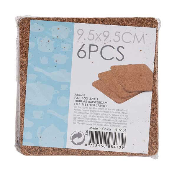 KOOPMAN 836314010 COASTERS, CORK, SQUARE<br>ទម្រកែវរាងជ្រុង