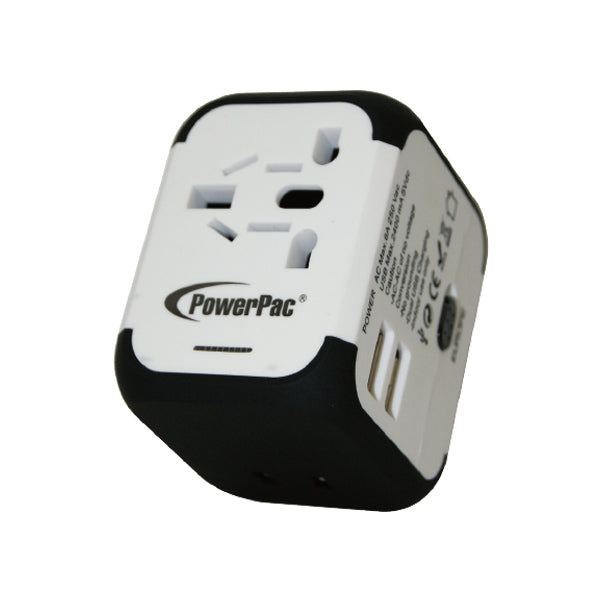 POWERPAC PP7971 MULTI TRAVEL ADAPTOR W/2XUSB CHARGER  WHITE 2.5A<br>ឌុយតសម្រាប់ធ្វើដំណើរក្រៅប្រទេស ជាមួយ USB ពណ៌ស (2.5A) - Home-Fix Cambodia