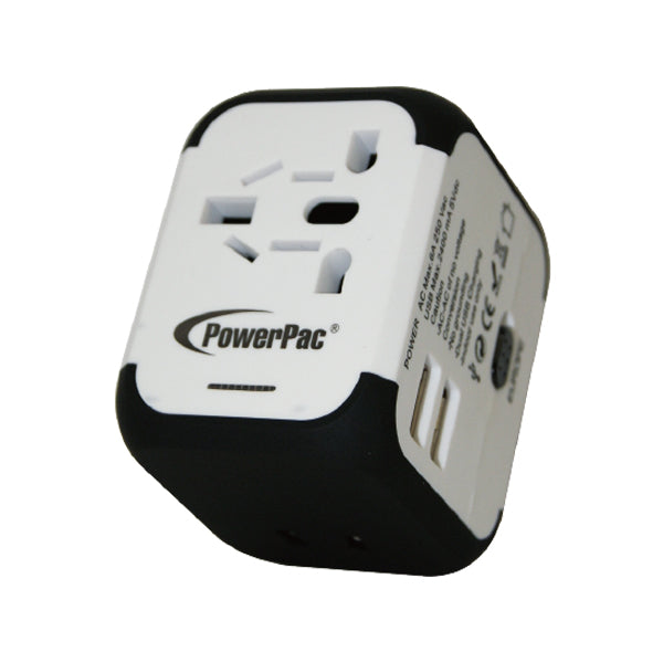POWERPAC PP7971 MULTI TRAVEL ADAPTOR W/2XUSB CHARGER  BLACK 2.5A<br>ឌុយតសម្រាប់ធ្វើដំណើរក្រៅប្រទេសមានដុយ USB ពណ៏ខ្មៅ (2.5A)
